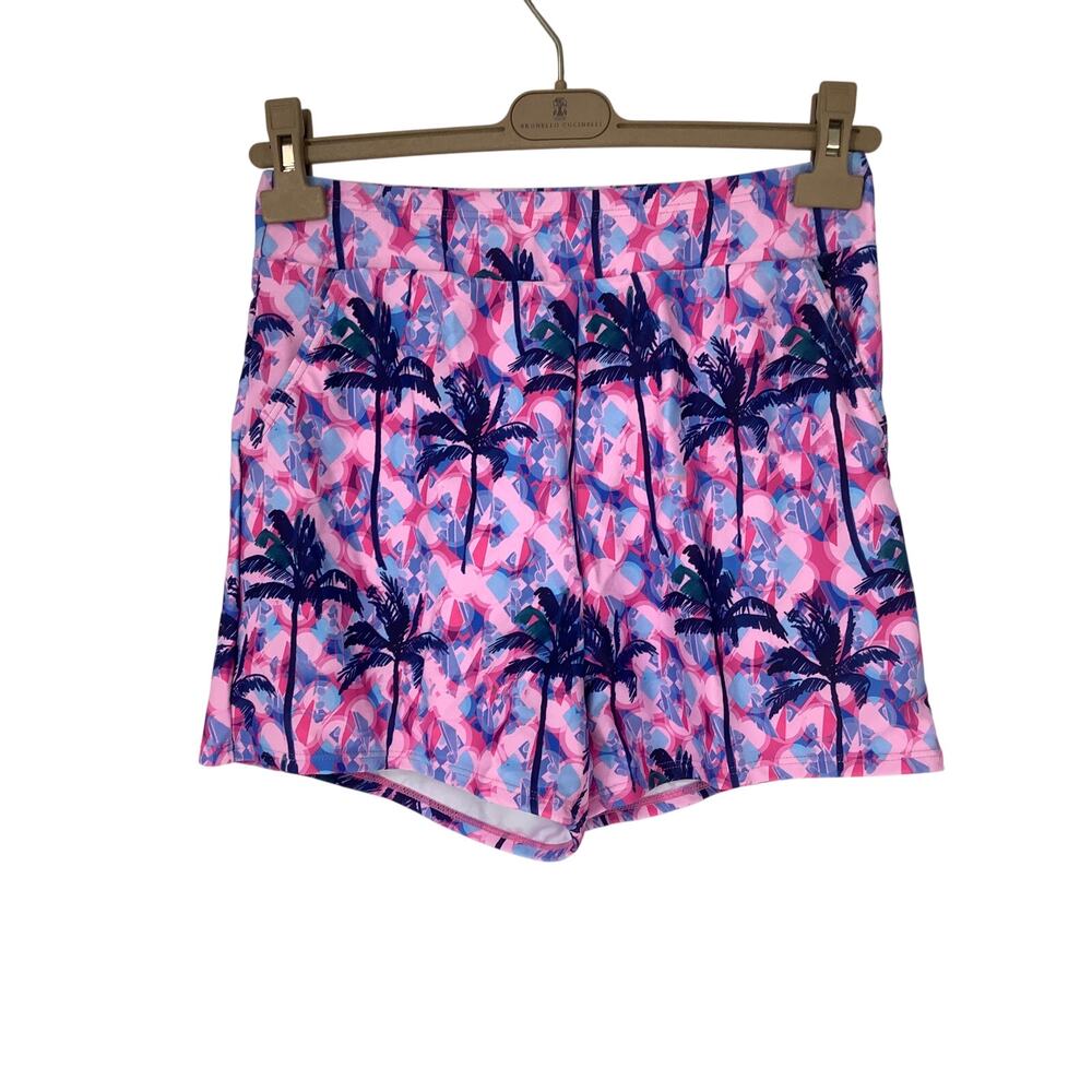 Summer Mae Women's Large Pink Blue Palm Tree Print Tropical Swim Shorts G13-21